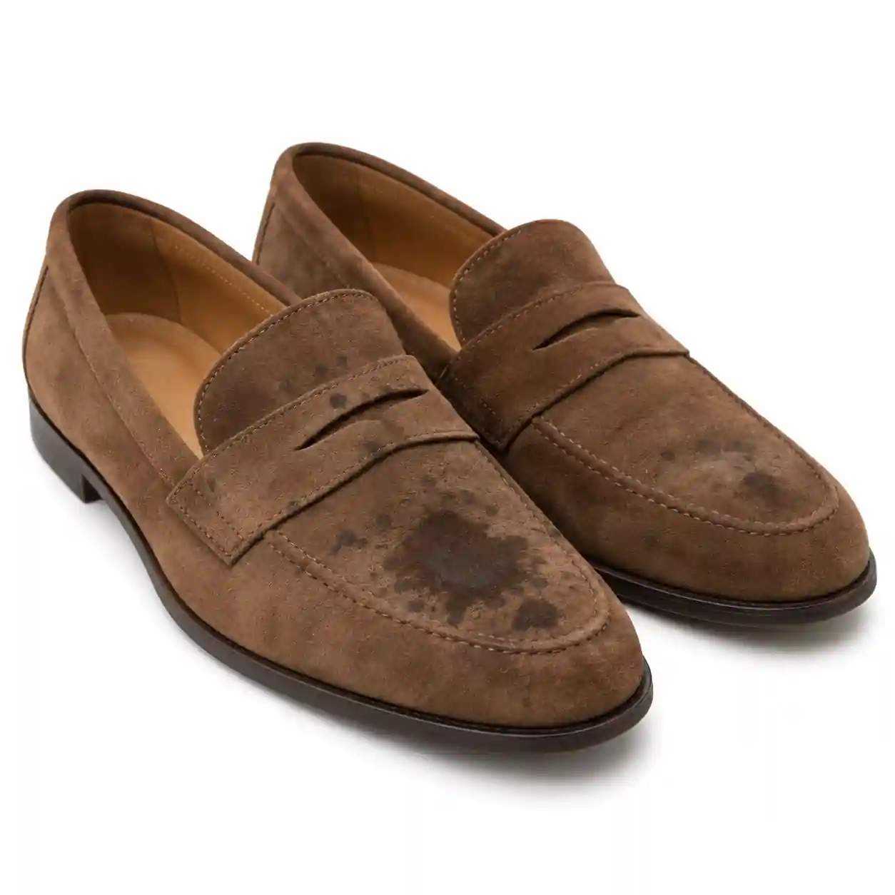 Suede shoe before hard stain removal treatment