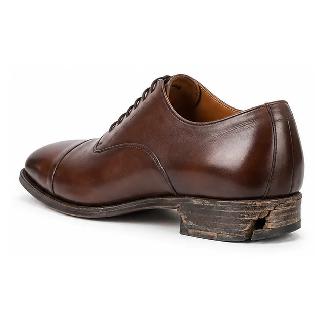 Worn formal shoe heel before heel replacement in Bangalore