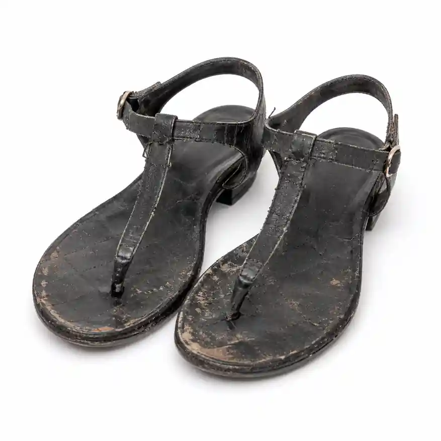 Damaged sandal before complete leather replacement in Bangalore