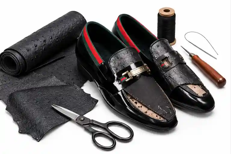 Shoe leather selection cutting stitching and replacement process